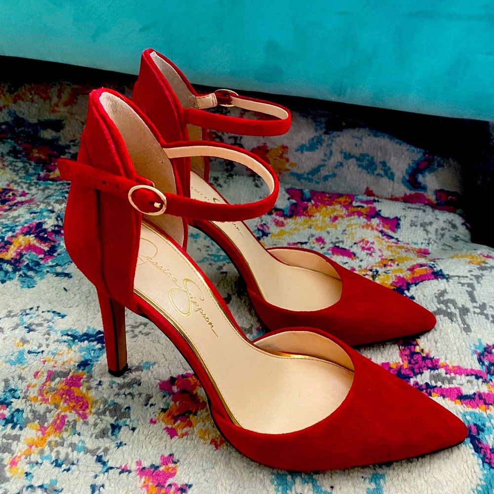 Jessica Simpson Red Velvet Shoes Pumps Heels Ankle Strap